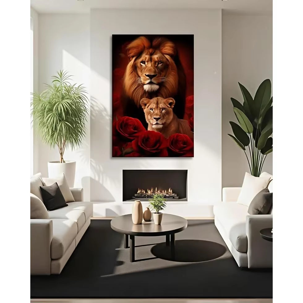 Large Lion Canvas Wall Art Lion & Lioness with Red Rose Flower Picture, Contemporary Animal Painting