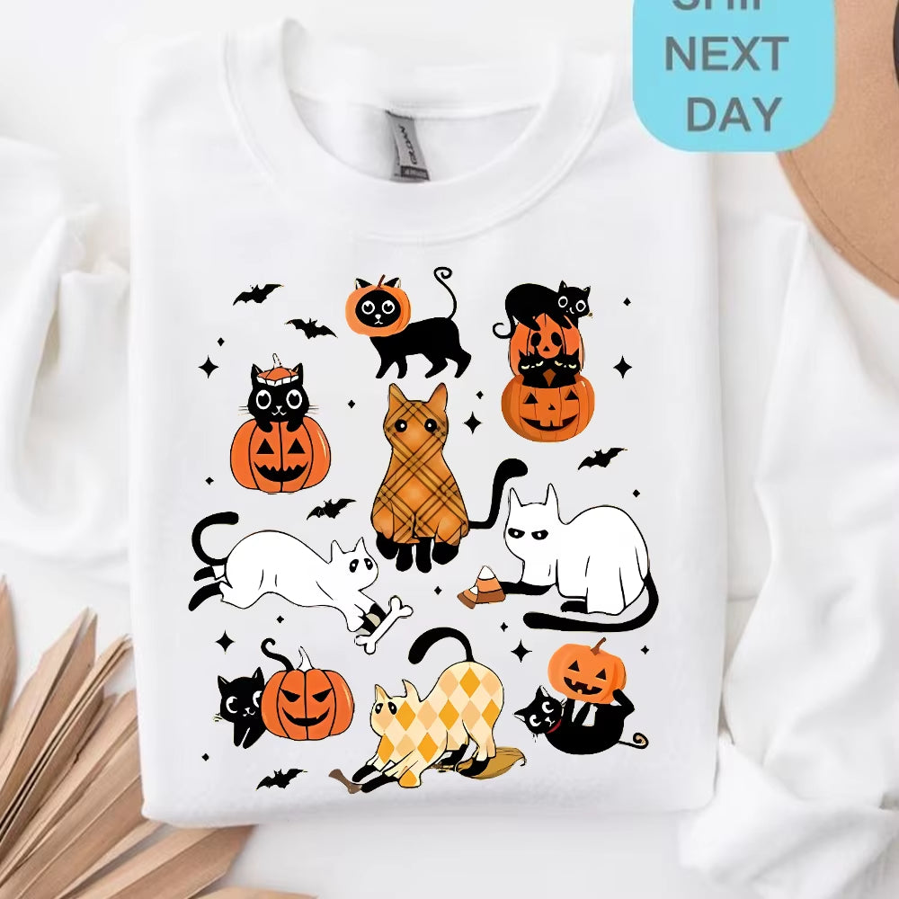 Cute Halloween Ghost Boo Cat Sweatshirts Halloween Pumpkin Sweater Autumn Long Sleeves Hoodies Casual Style Hoodie Sweatshirt
