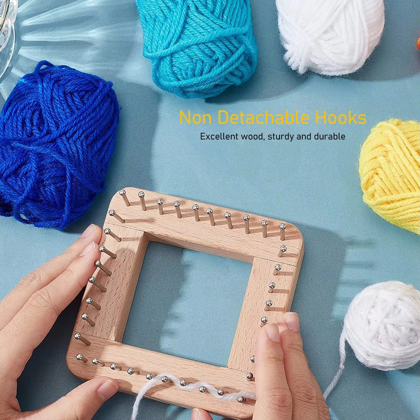 Mini Square Knitting Tool with Hooks Wooden Crochet Board for Weaving Mat Hairband Blanket Sock 19.5X19.5Cm
