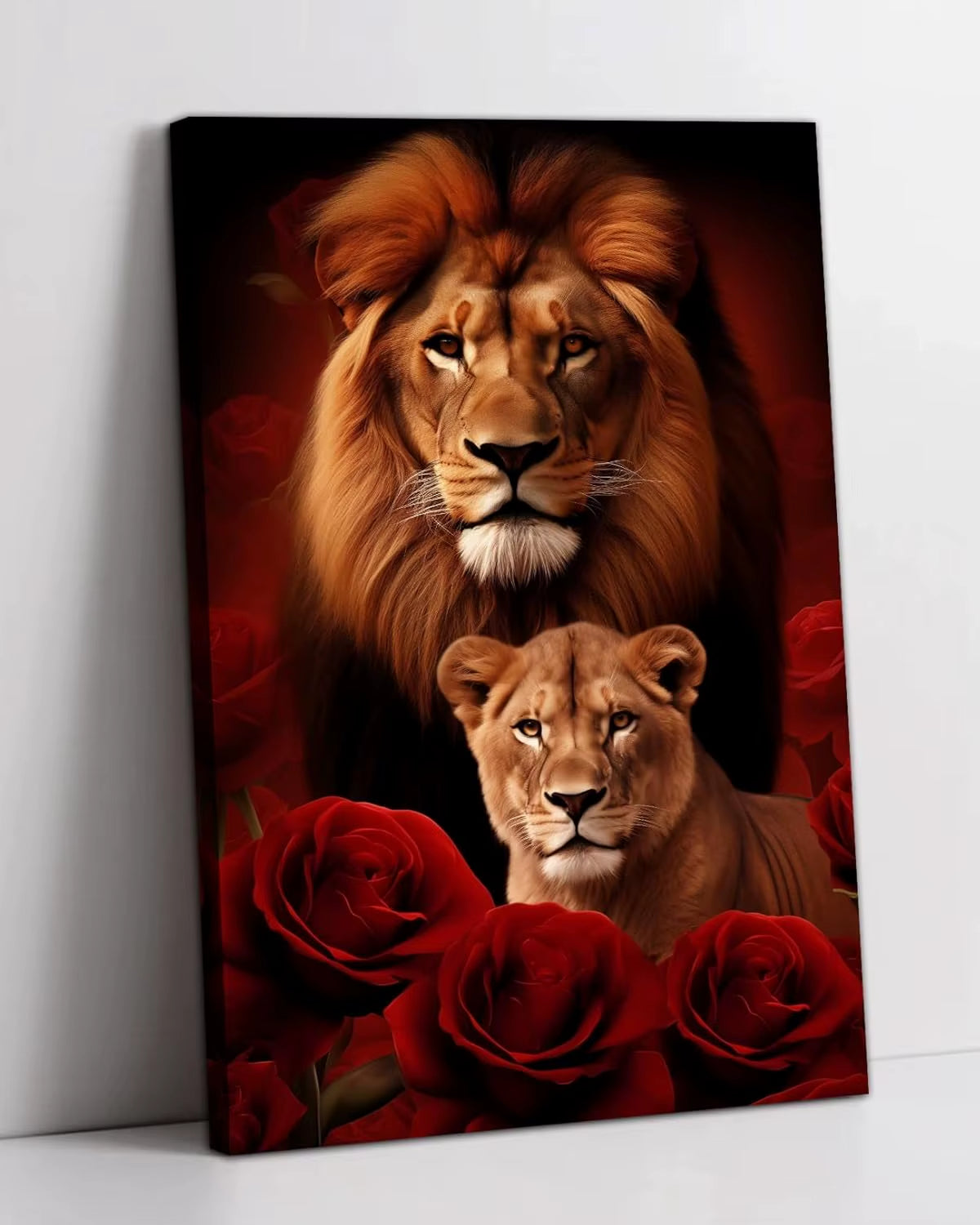 Large Lion Canvas Wall Art Lion & Lioness with Red Rose Flower Picture, Contemporary Animal Painting