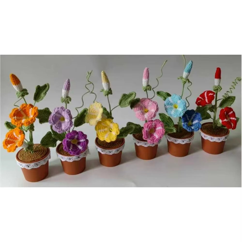 Handmade Crochet Tulip Bouquet Potted Plants, Knitted Artificial Forever Flowers with Exquisite Pot, Gift to Friends Women Kids