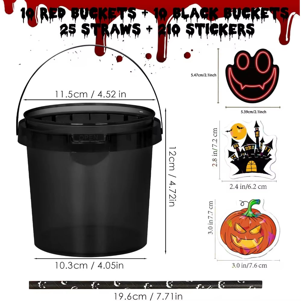 20Pcs Halloween Candy Bucket, Trick or Treat Baskets for Kids, 32Oz Ice Buckets for Parties with Lid, Contains 210Pcs Halloween