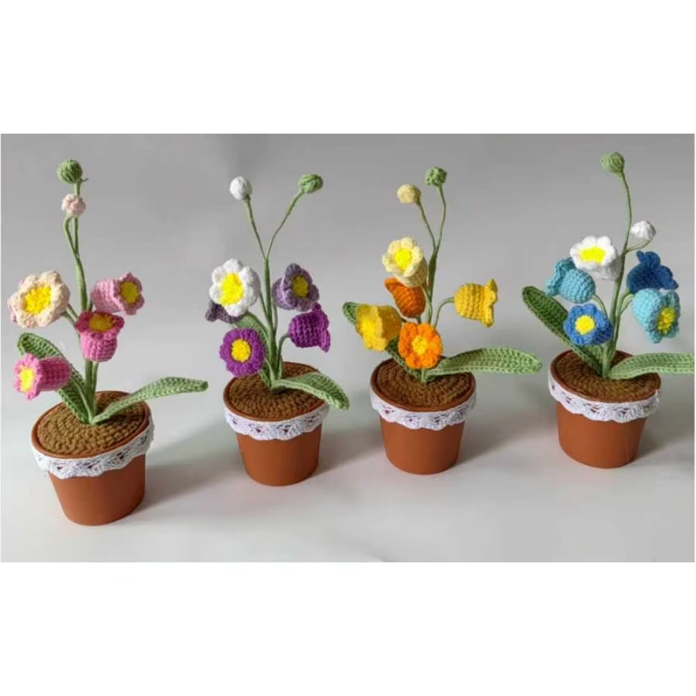 Handmade Crochet Tulip Bouquet Potted Plants, Knitted Artificial Forever Flowers with Exquisite Pot, Gift to Friends Women Kids