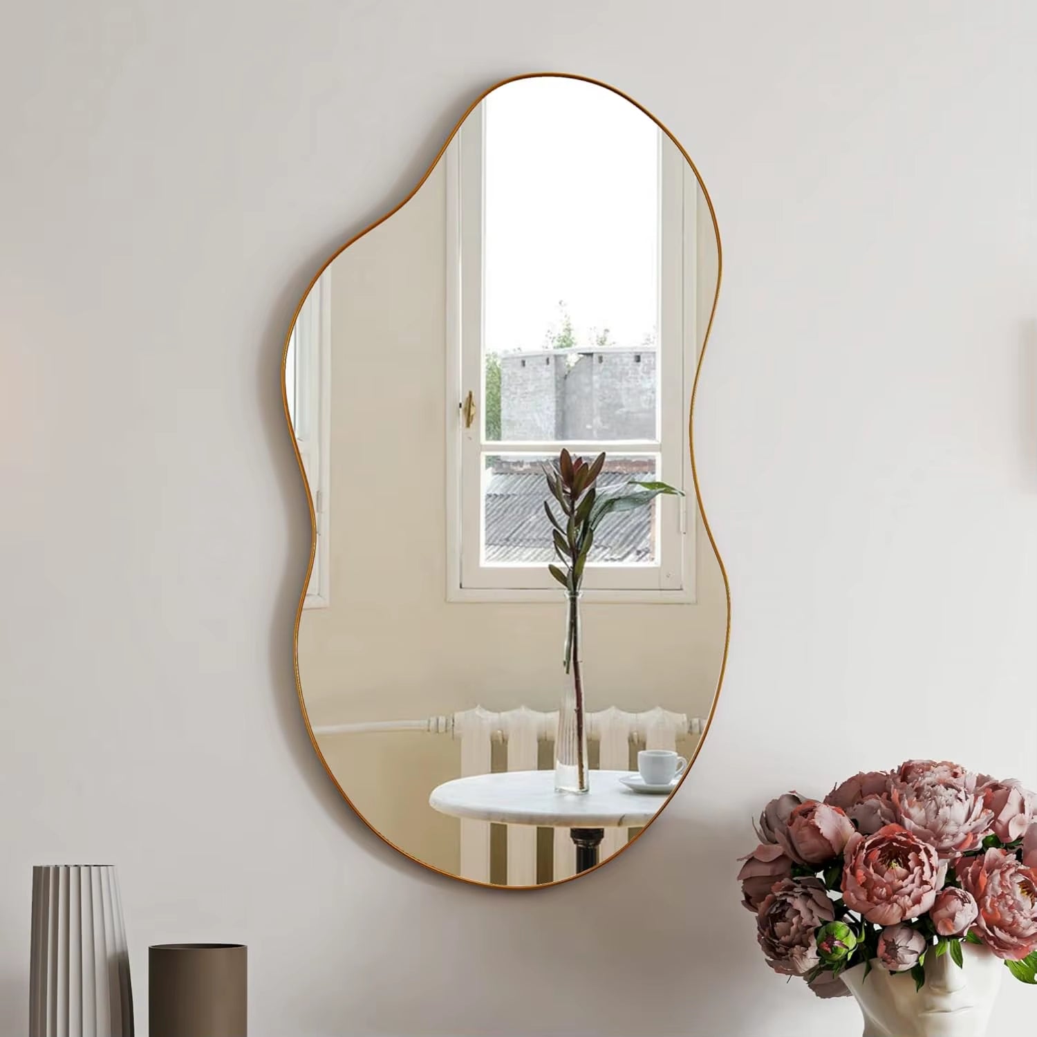 Irregular Wall Mirror Decorative, 20X36" Antique-Gold Mirror Wavy Accent Mirrors Asymmetrical Abstract Mirrors