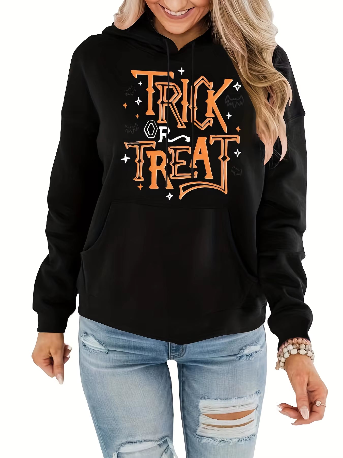 Women'S Halloween Hoodie - Trick or Treat Graphic Pullover Sweatshirt, Black Hooded Sweater with Kangaroo Pocket