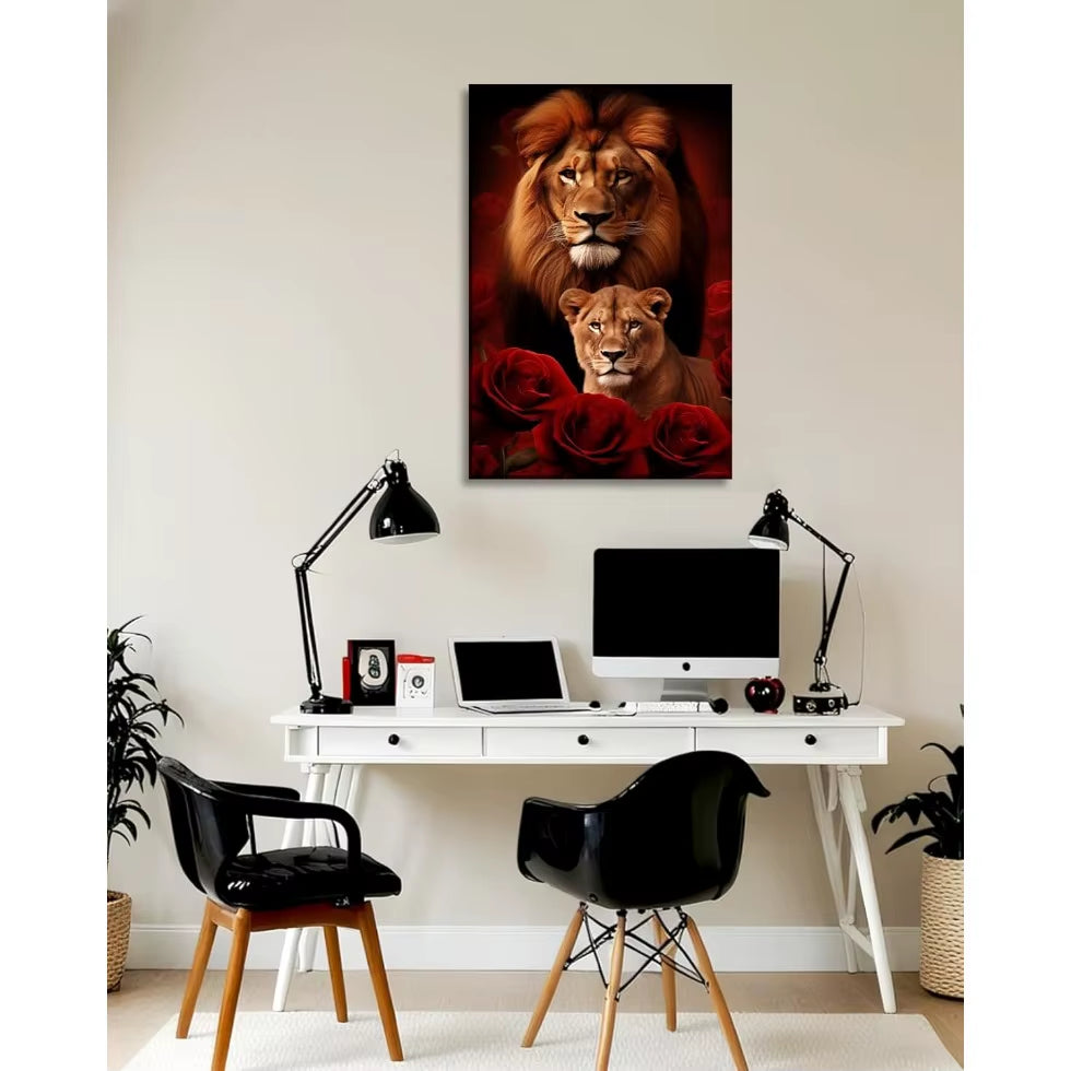 Large Lion Canvas Wall Art Lion & Lioness with Red Rose Flower Picture, Contemporary Animal Painting