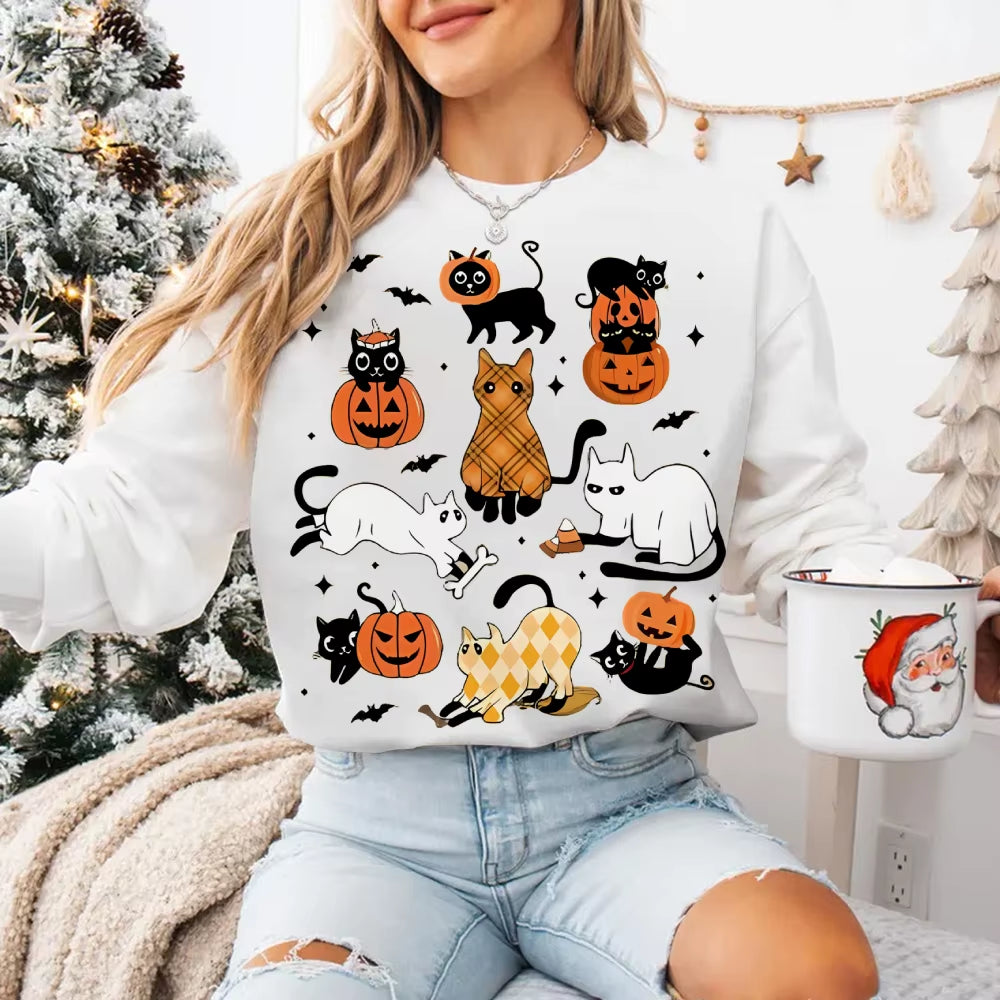 Cute Halloween Ghost Boo Cat Sweatshirts Halloween Pumpkin Sweater Autumn Long Sleeves Hoodies Casual Style Hoodie Sweatshirt