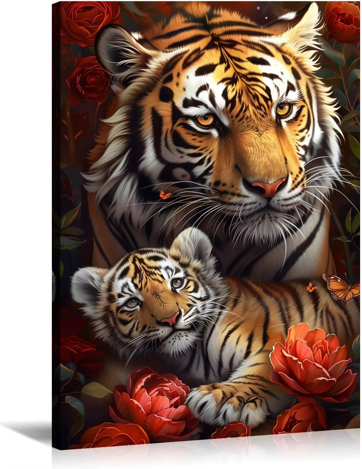 Large Lion Canvas Wall Art Lion & Lioness with Red Rose Flower Picture, Contemporary Animal Painting