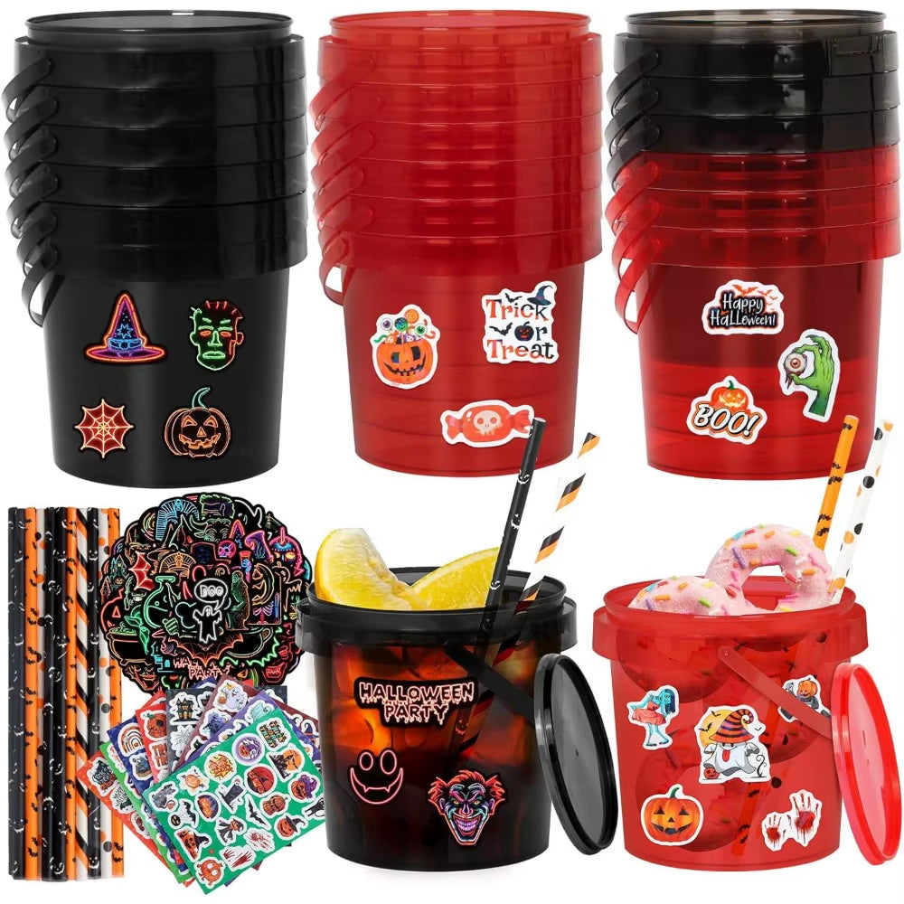 20Pcs Halloween Candy Bucket, Trick or Treat Baskets for Kids, 32Oz Ice Buckets for Parties with Lid, Contains 210Pcs Halloween