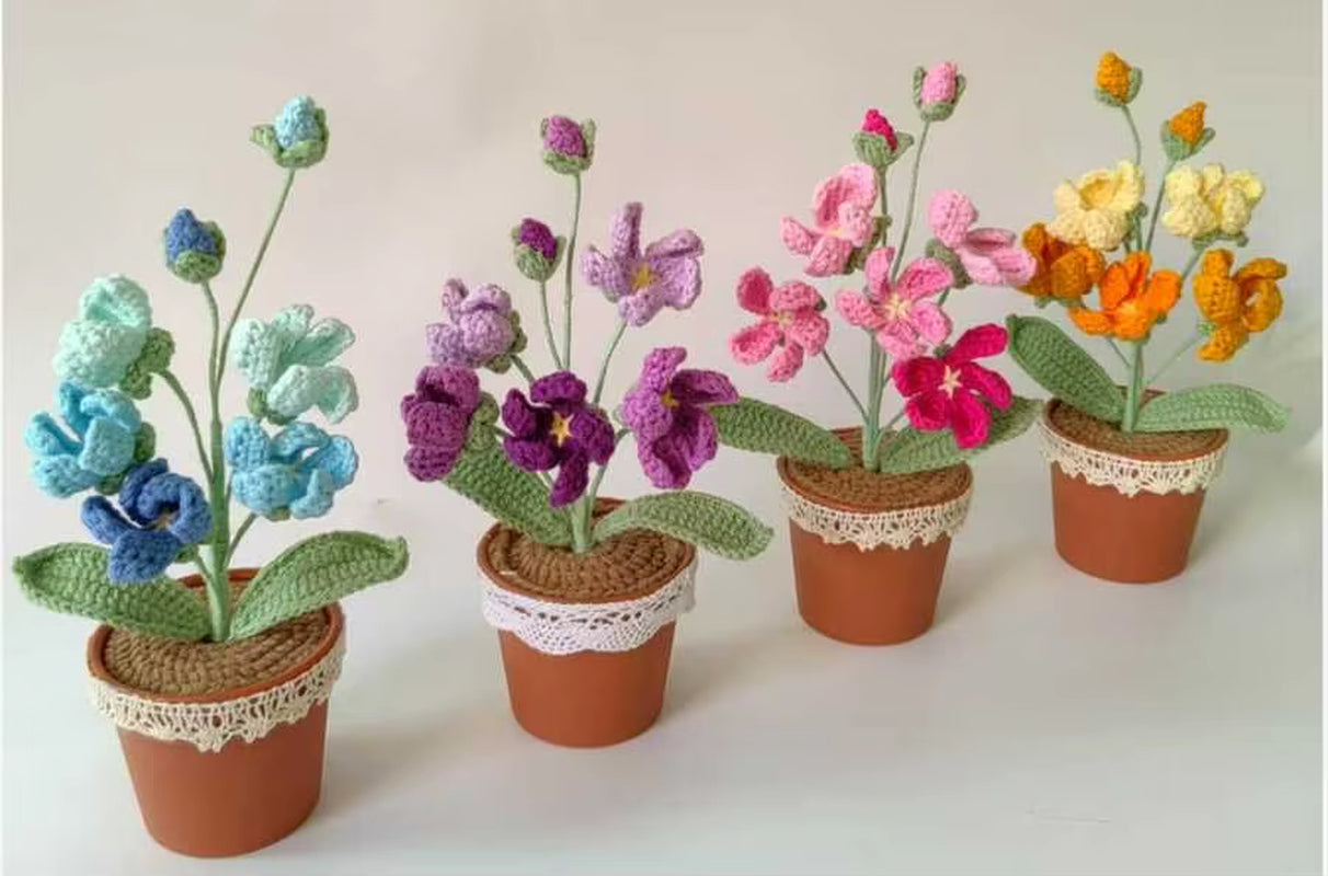 Handmade Crochet Tulip Bouquet Potted Plants, Knitted Artificial Forever Flowers with Exquisite Pot, Gift to Friends Women Kids