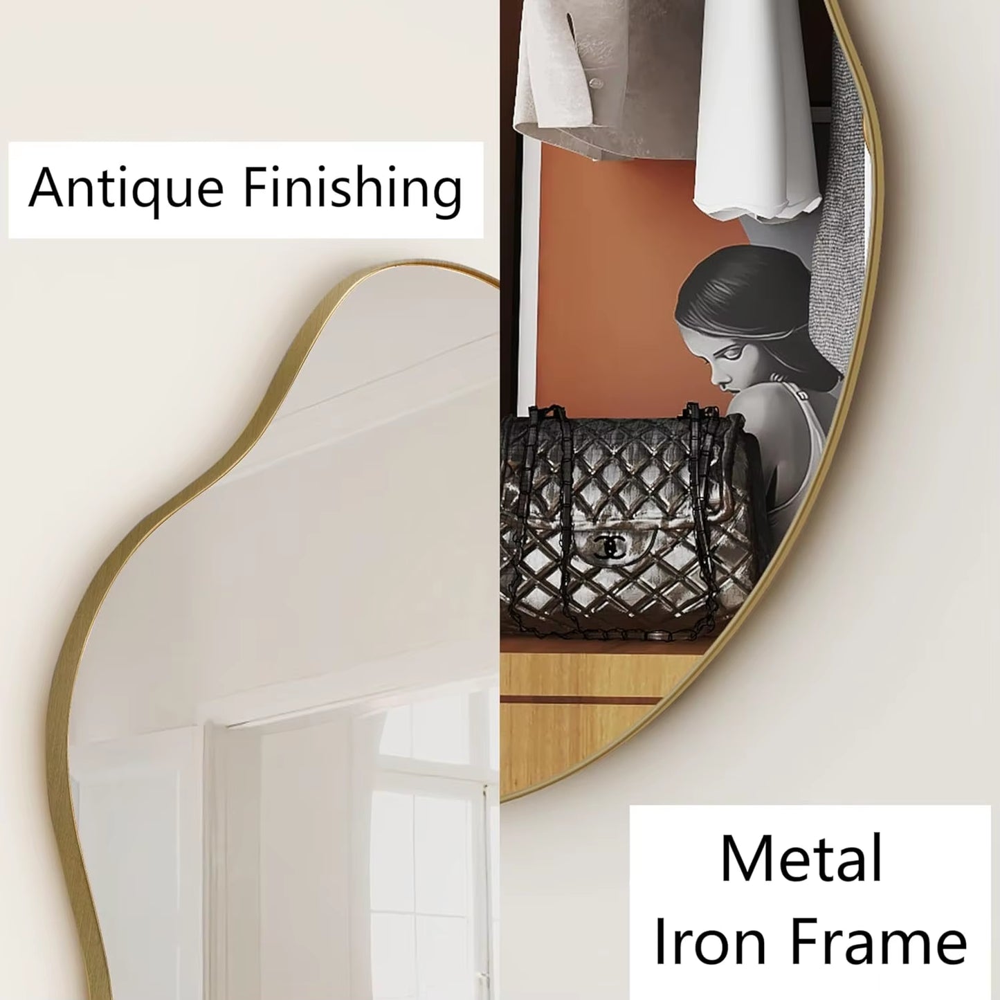 Irregular Wall Mirror Decorative, 20X36" Antique-Gold Mirror Wavy Accent Mirrors Asymmetrical Abstract Mirrors