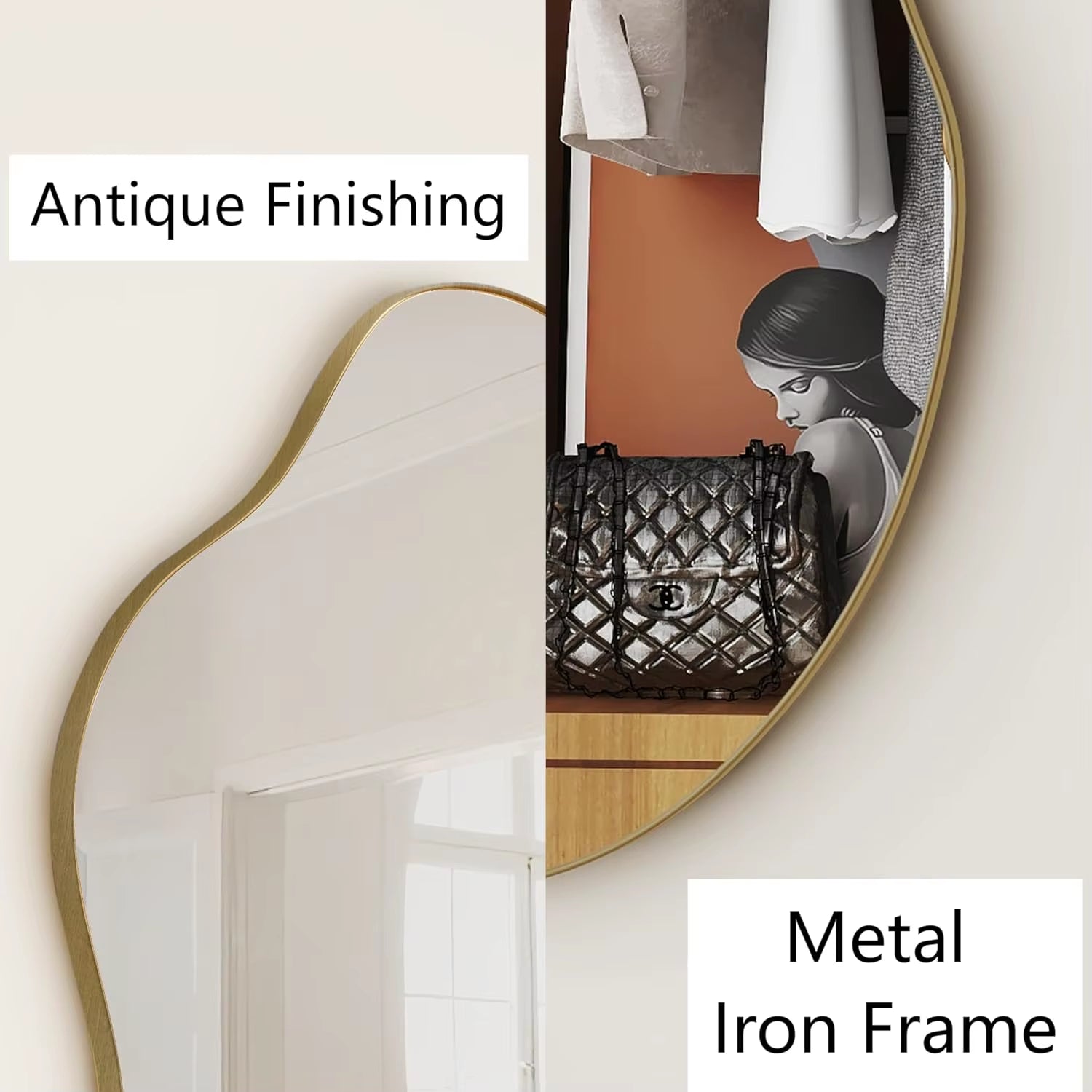 Irregular Wall Mirror Decorative, 20X36" Antique-Gold Mirror Wavy Accent Mirrors Asymmetrical Abstract Mirrors