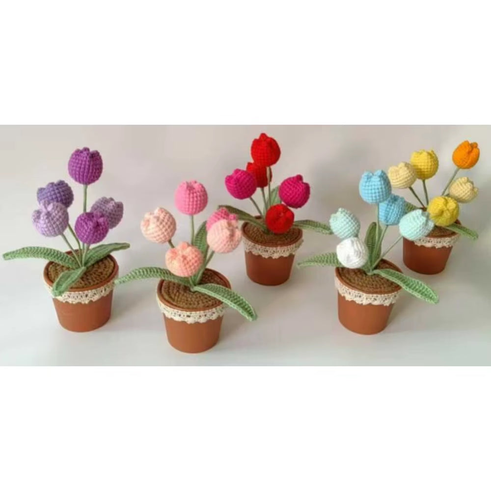 Handmade Crochet Tulip Bouquet Potted Plants, Knitted Artificial Forever Flowers with Exquisite Pot, Gift to Friends Women Kids