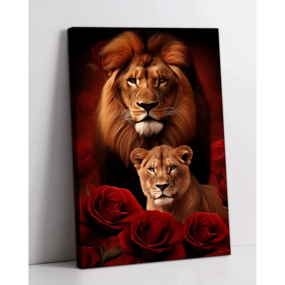 Large Lion Canvas Wall Art Lion & Lioness with Red Rose Flower Picture, Contemporary Animal Painting