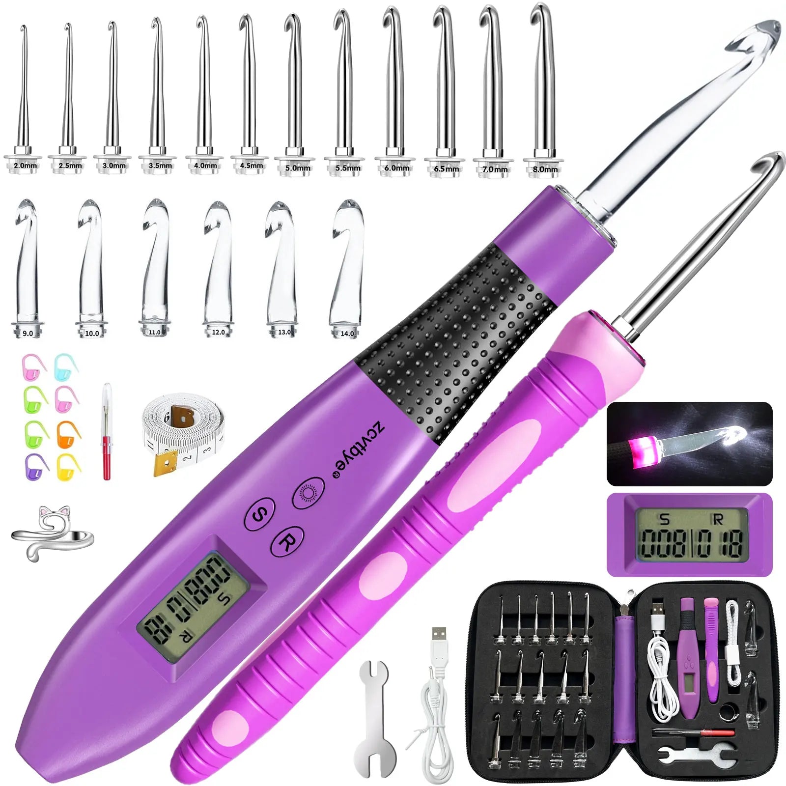 18 Sizes Light up Crochet Hook Set Ergonomic Knitting Needles Kit Metal Interchangeable Head DIY Accessories Tool for Beginner