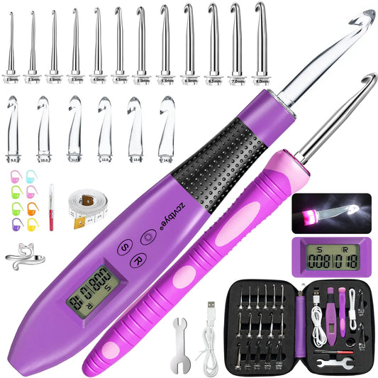 18 Sizes Light up Crochet Hook Set Ergonomic Knitting Needles Kit Metal Interchangeable Head DIY Accessories Tool for Beginner