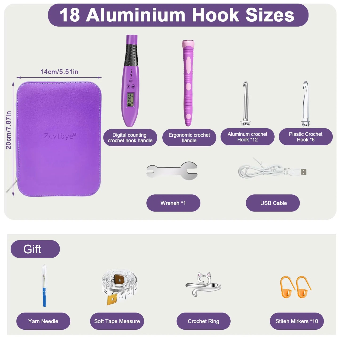 18 Sizes Light up Crochet Hook Set Ergonomic Knitting Needles Kit Metal Interchangeable Head DIY Accessories Tool for Beginner