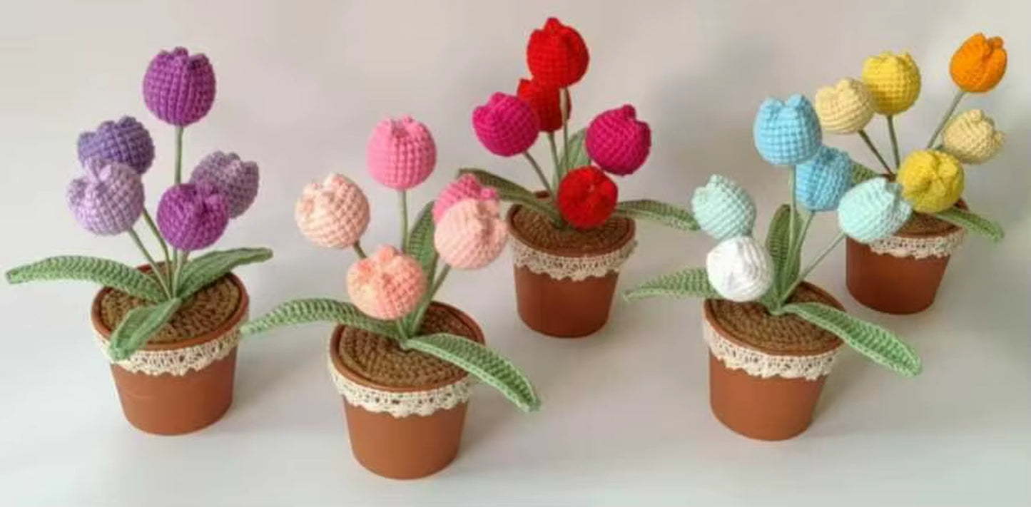 Handmade Crochet Tulip Bouquet Potted Plants, Knitted Artificial Forever Flowers with Exquisite Pot, Gift to Friends Women Kids