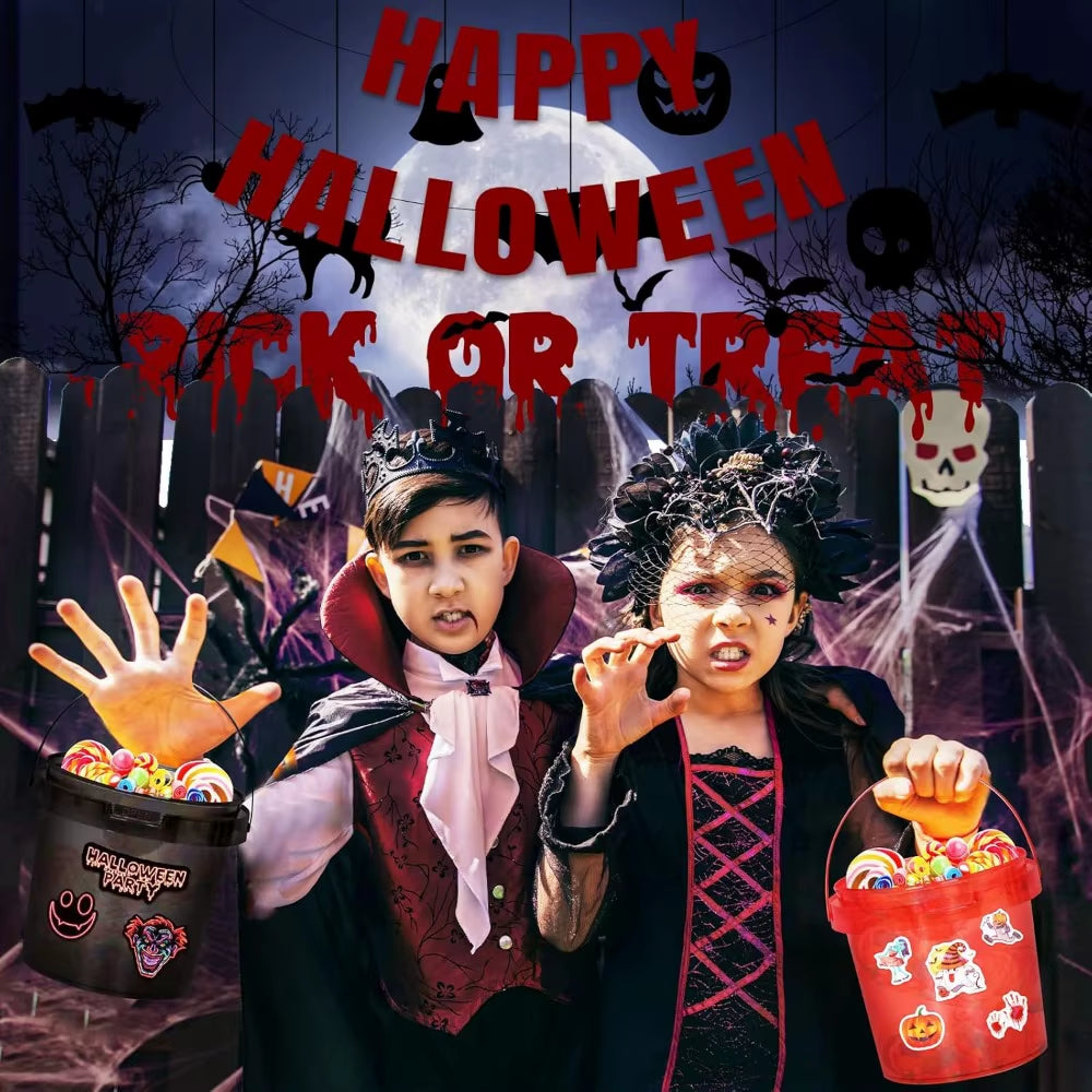 20Pcs Halloween Candy Bucket, Trick or Treat Baskets for Kids, 32Oz Ice Buckets for Parties with Lid, Contains 210Pcs Halloween