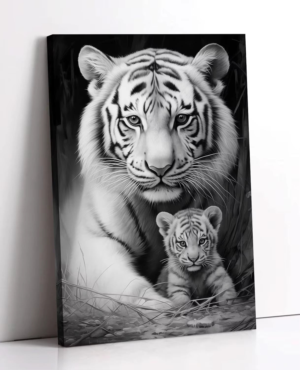 Large Lion Canvas Wall Art Lion & Lioness with Red Rose Flower Picture, Contemporary Animal Painting