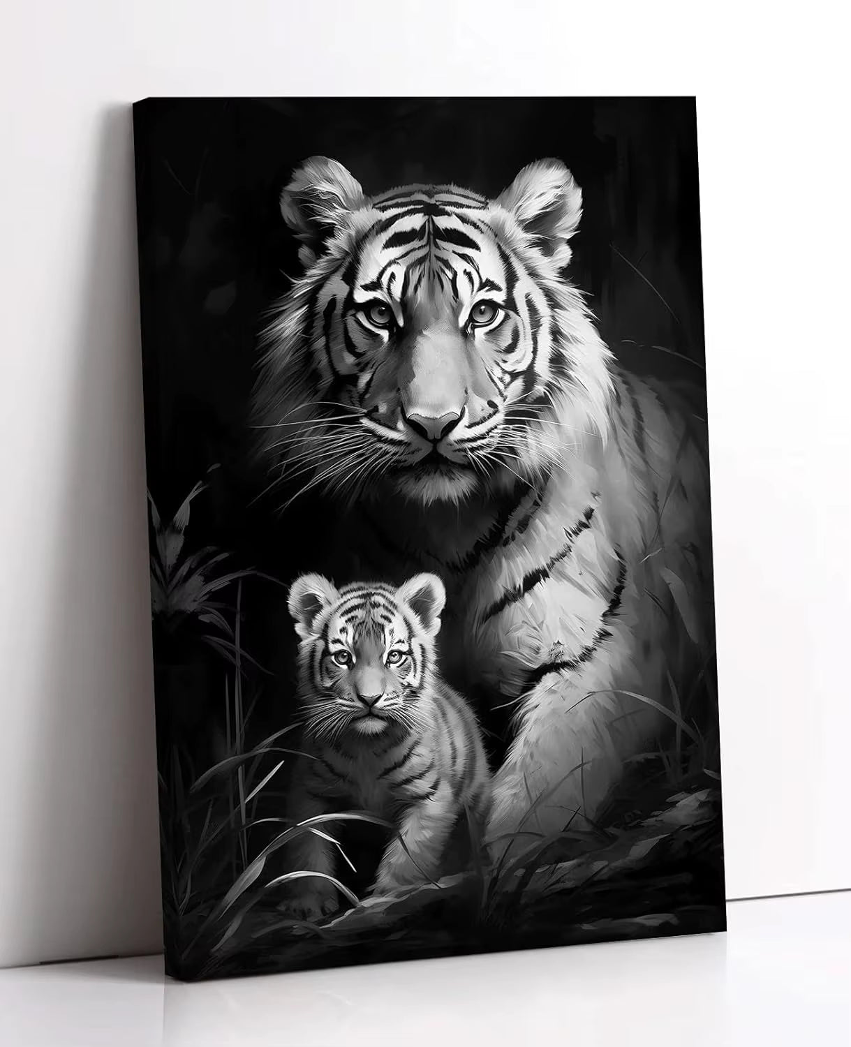 Large Lion Canvas Wall Art Lion & Lioness with Red Rose Flower Picture, Contemporary Animal Painting