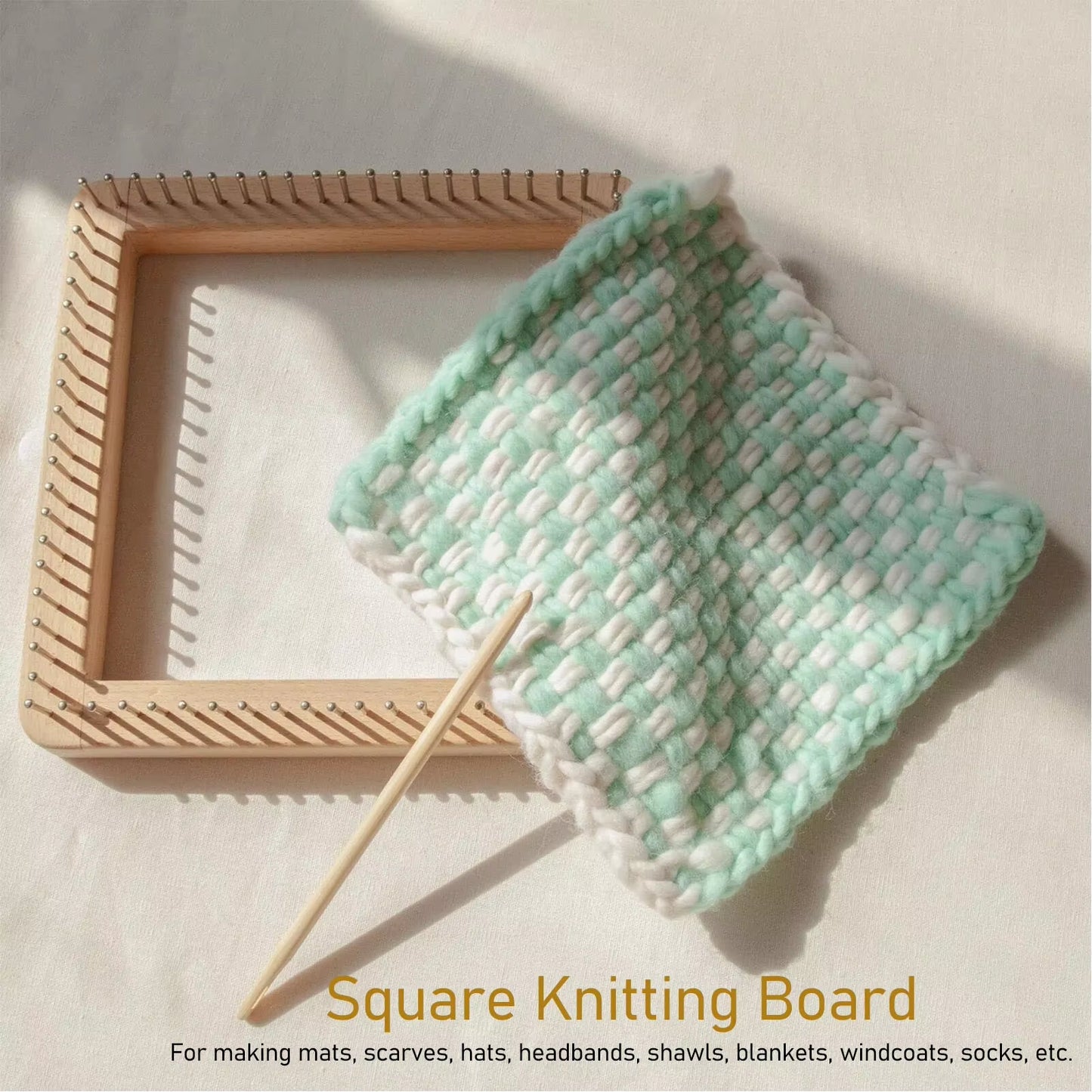 Mini Square Knitting Tool with Hooks Wooden Crochet Board for Weaving Mat Hairband Blanket Sock 19.5X19.5Cm