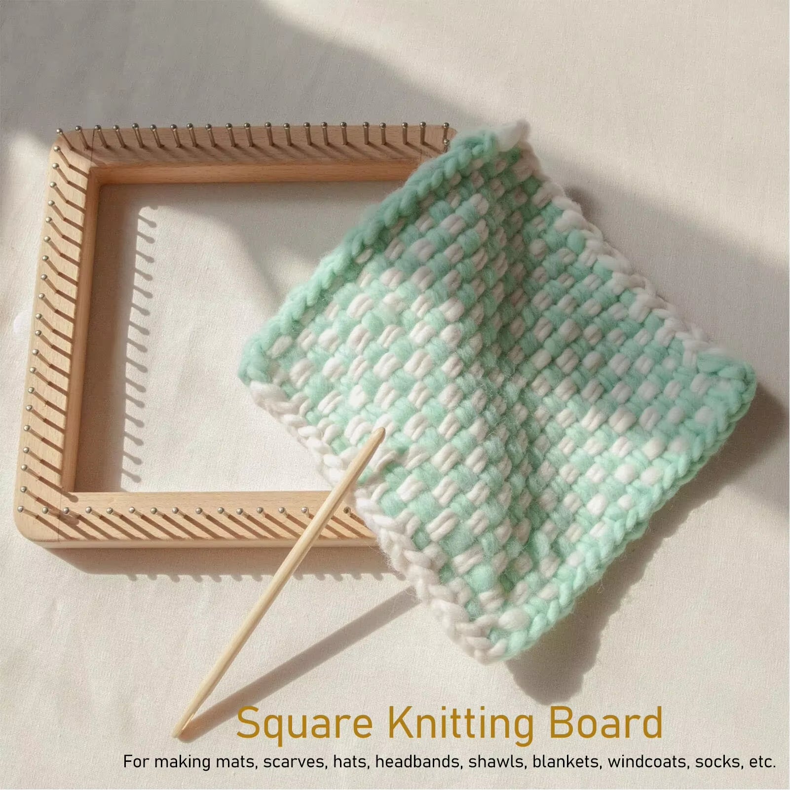 Mini Square Knitting Tool with Hooks Wooden Crochet Board for Weaving Mat Hairband Blanket Sock 19.5X19.5Cm