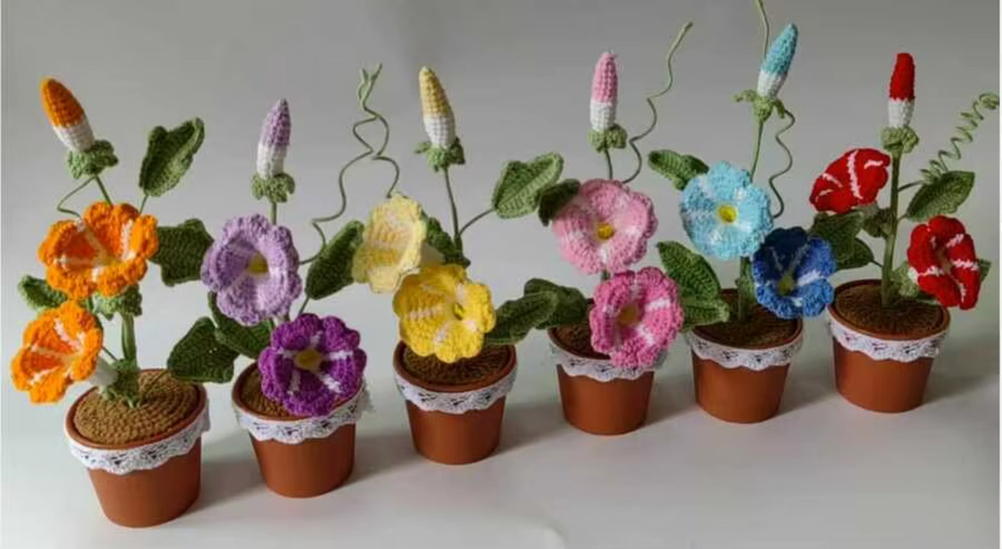 Handmade Crochet Tulip Bouquet Potted Plants, Knitted Artificial Forever Flowers with Exquisite Pot, Gift to Friends Women Kids