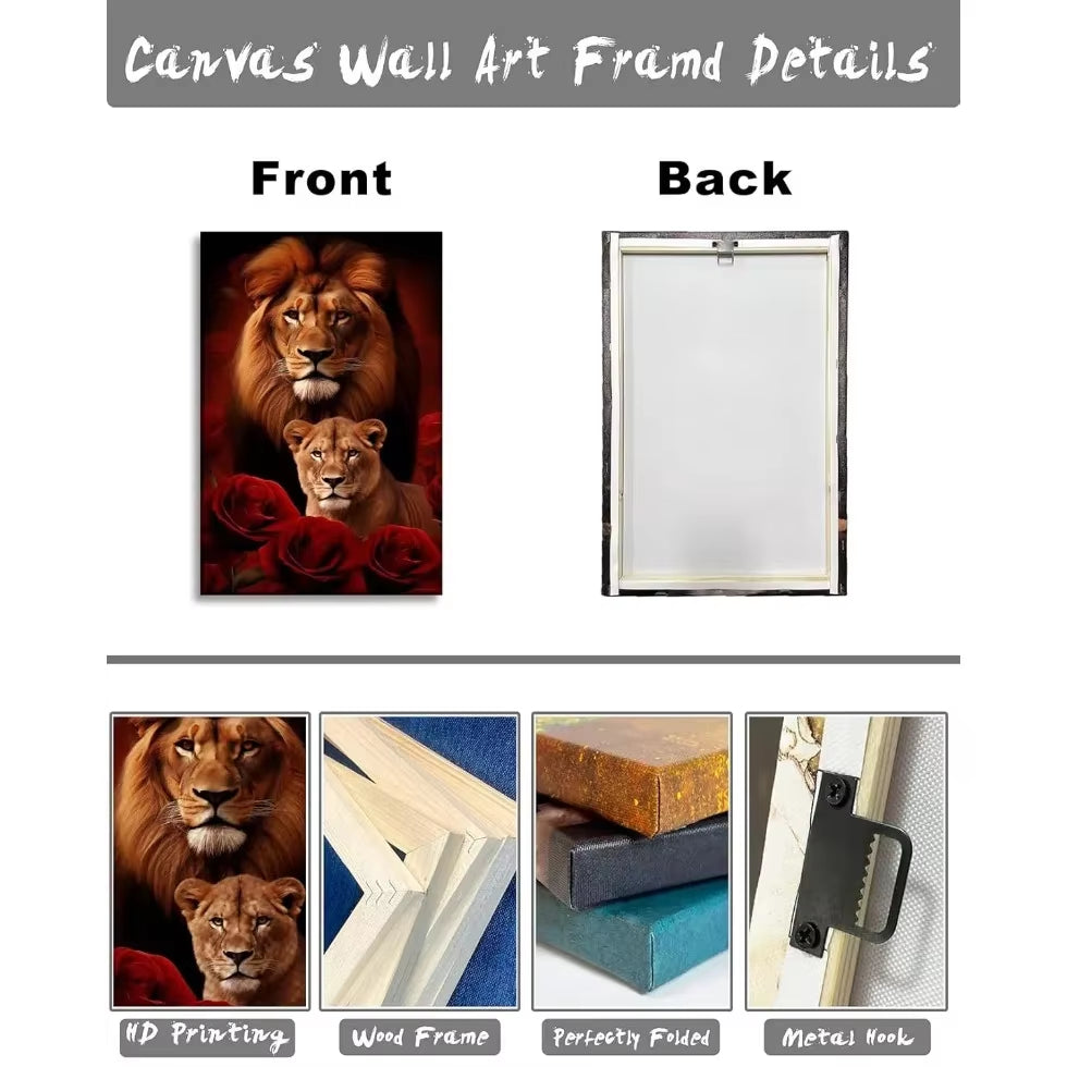 Large Lion Canvas Wall Art Lion & Lioness with Red Rose Flower Picture, Contemporary Animal Painting