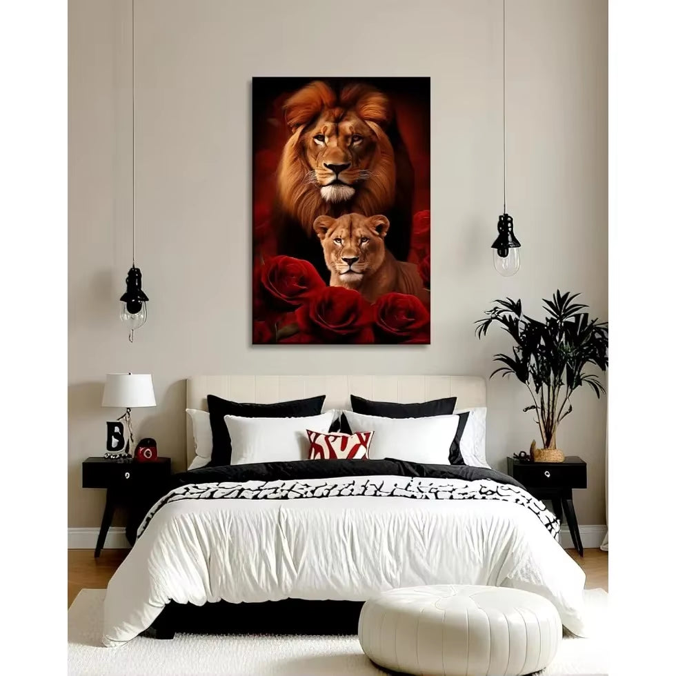 Large Lion Canvas Wall Art Lion & Lioness with Red Rose Flower Picture, Contemporary Animal Painting