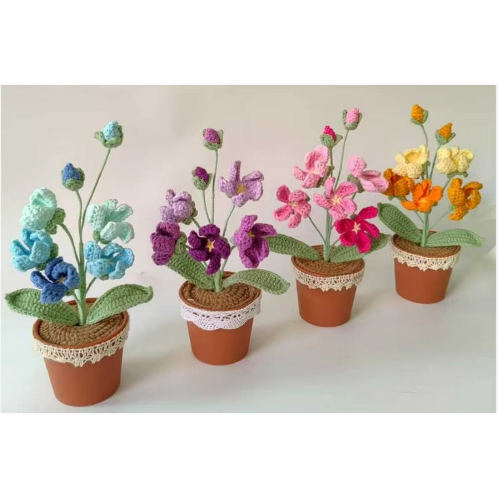 Handmade Crochet Tulip Bouquet Potted Plants, Knitted Artificial Forever Flowers with Exquisite Pot, Gift to Friends Women Kids